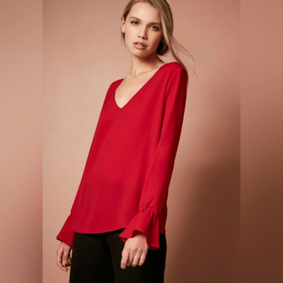 NWT Three Eighty Two Women s Red V Neck Long Sleeve Blouse Ruffle Sleeve- Size L