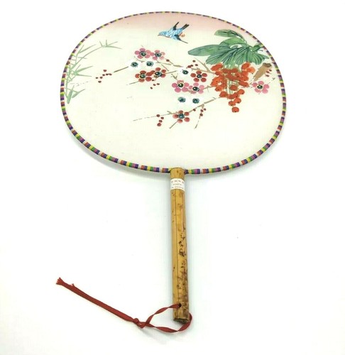 Vintage Asian Silk Screen Hand Fan Bamboo Handle China