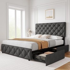 Upholstered Queen Size Platform Bed Frame with 4 Storage Drawers, Adjustable