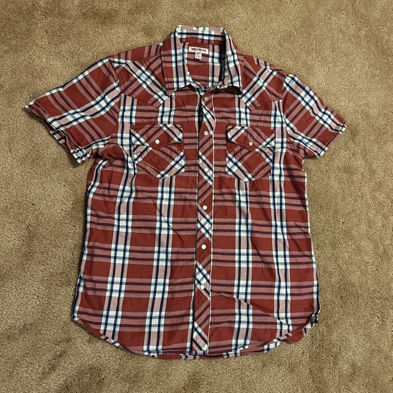 TRUE RELIGION Men's Short Sleeve Pearl Snap Button Shirt Red Plaid Medium