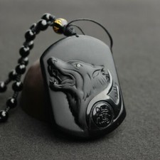 Collar colgante amuleto cabeza de lobo tallada obsidiana negra natural dijes de obsidiana