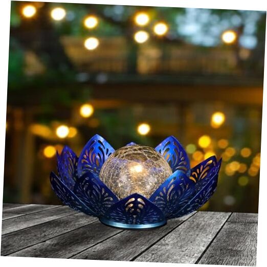 12-Inch Solar Lotus Blue Crackle Glass Globe Outdoor Garden Lights