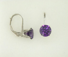 7 mm Round Purple Cubic Zirconia Drop Dangle Leverback Sterling Silver Earrings