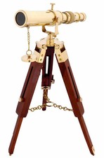 Brass Telescope Maritime Wooden Tripod Stand, Nautical Home Ship Desk D cor Gift