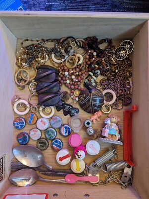 Junk drawer lot Vintage SODA LIDS unidentified BROWN BEIGE TAN JEWELRY mini toys