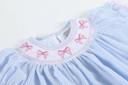 NWT Lil Cactus Blue Pink Bow Coquette Bishop Smocked 3T Baby Girls Dress 3 Years - Picture 2 of 4