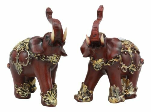 Ebros Faux Wood Feng Shui Elephant with Trunk Up Set of 2 Thai Buddhism Figurine - Picture 1 of 4