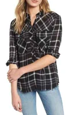 Rails Redding Shirt Womens Small S Ink Grey White Plaid Long Sleeve Frayed Hem