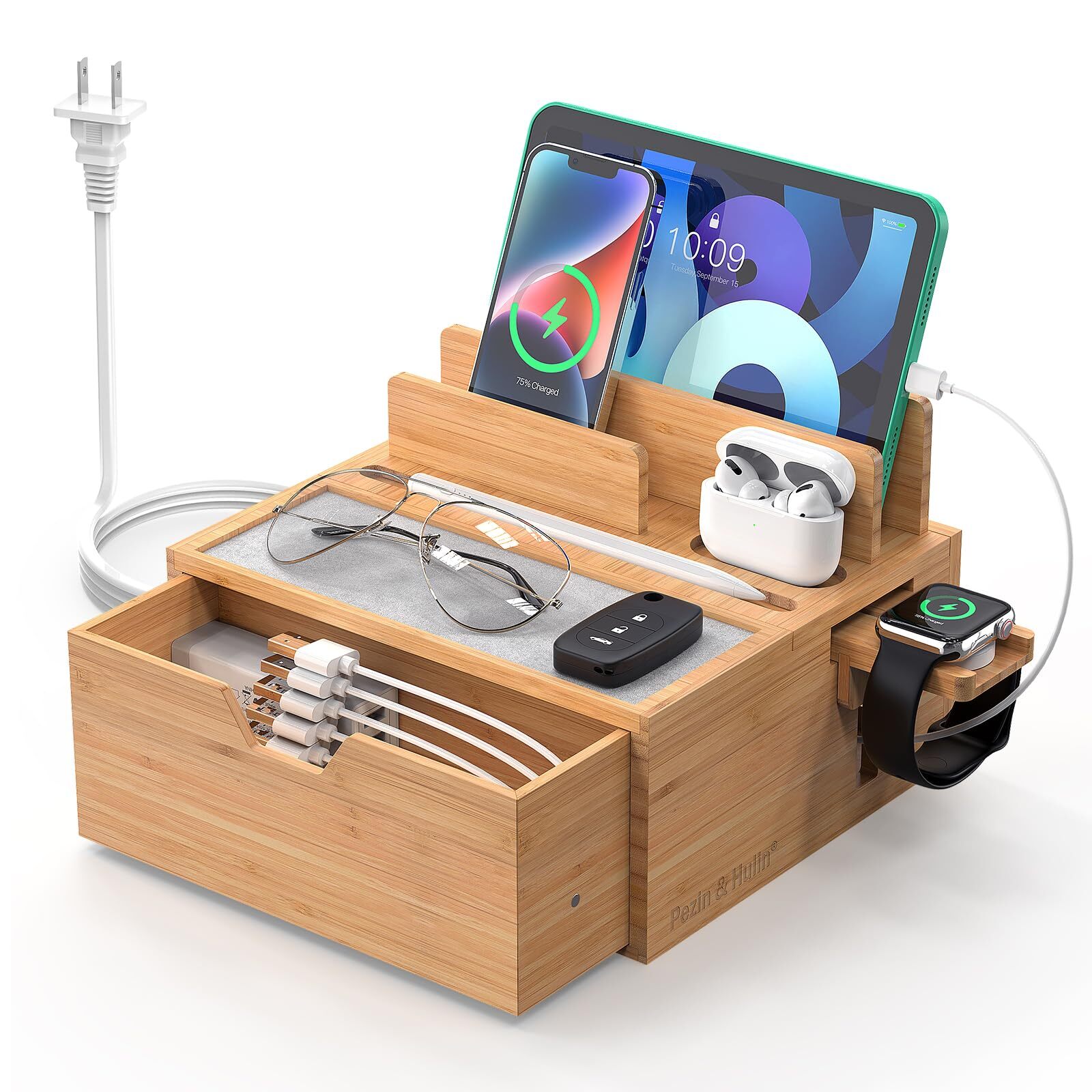 Bamboo Multi-Device Charging Station with Power Adapter & Cables for Nightstand-image