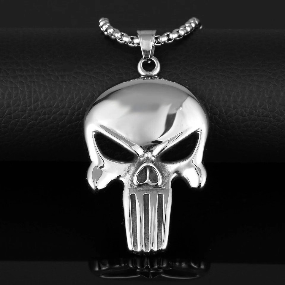 Men's Gothic Silver Punisher Skull Pendant Punk Retro Rock Necklace