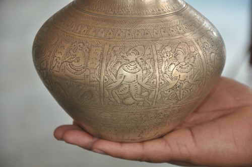 Vintage Brass Handcrafted God & Goddess Engraved Water Pot - Picture 3 of 8