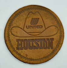 Vintage United Airlines Houston Cowboy Hat Leather Drink Coaster 4"