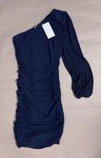 BTFBM Navy One Shoulder Ruched Bodycon Long Sleeve Short Mini Dress Size S