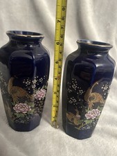 VASE VINTAGE NEW  JAPANESE COBALT BLUE PEACOCK DESIGN GOLD GILT COLLECTABLE X2