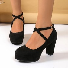 Women's Mary Jane High Heels Strap Elegant Pumps Black Party Office Shoes