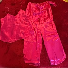 Vintage Satin Pajama Set Womens M Pink Cami Pants Made in USA 90s Loungewear