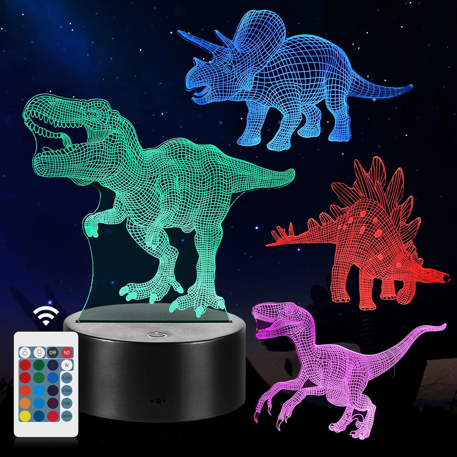 Idee Regalo Natale Bambini: 4 Lampade Dinosauro 3D 16 Colori