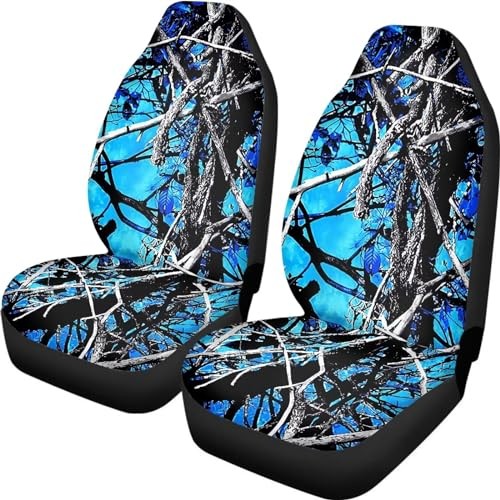 Blue Camo Oak Hunting Print Car Seat Covers, 2 Packs Camo Oak Hunting Blue