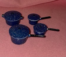 VTG Dollhouse Miniature Pots Pans w/ Lids Blue White Speckle Enamel Cookware 8pc