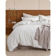 PureWoven 3 Pieces 100 Cotton Waffle Duvet Cover Set, Queen, White Waffle