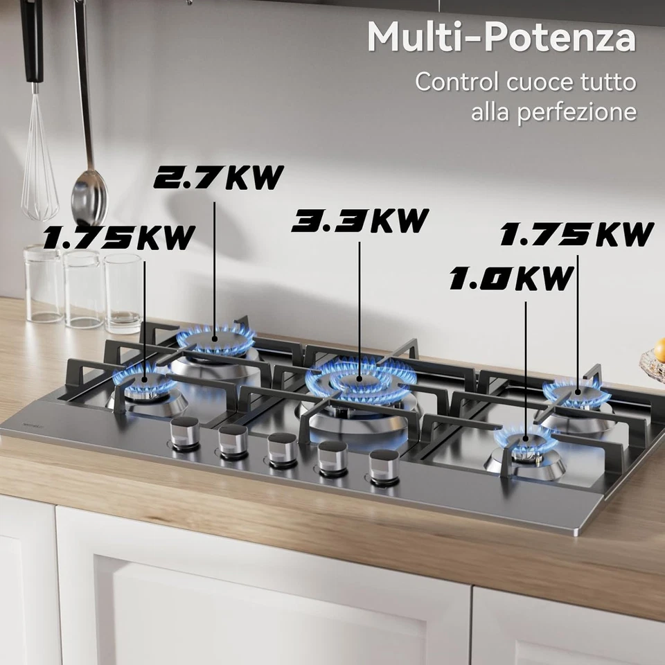 Piano Cottura a Gas 5 Fuochi 85Cm Da Incasso, per Gas Naturale/Propano, Sicurezz - Immagine 3 di 4