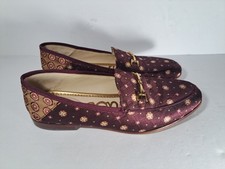 Sam Edelman Women's Loraine Loafers Burgundy Satin Jacquard Gold Bit Mules 7.5