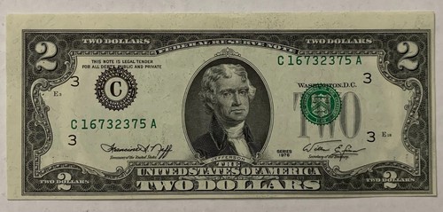 ((ERROR - MISALIGNED & OVERPRINT )) $2 1976 FEDERAL RESERVE NOTE ** CURRENCY UNC