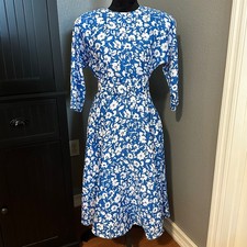 Petites for Maggie Blue White Floral Belted Midi Dress 3/4 Sleeve Vintage 80s