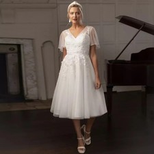 Classic Wedding Dresses Tea Length V Neck Pearls Appliques A Line Bride Gowns