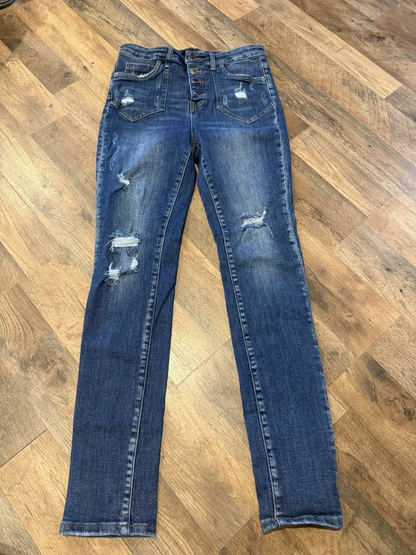 Risen Skinny Jeans Women 7/28 Blue Distressed High Rise Button Fly RDP1412