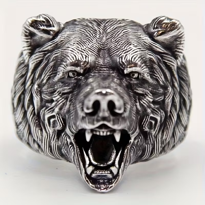 Anello Testa di Orso Fascia Forza Animale Natura Gioielli Argento