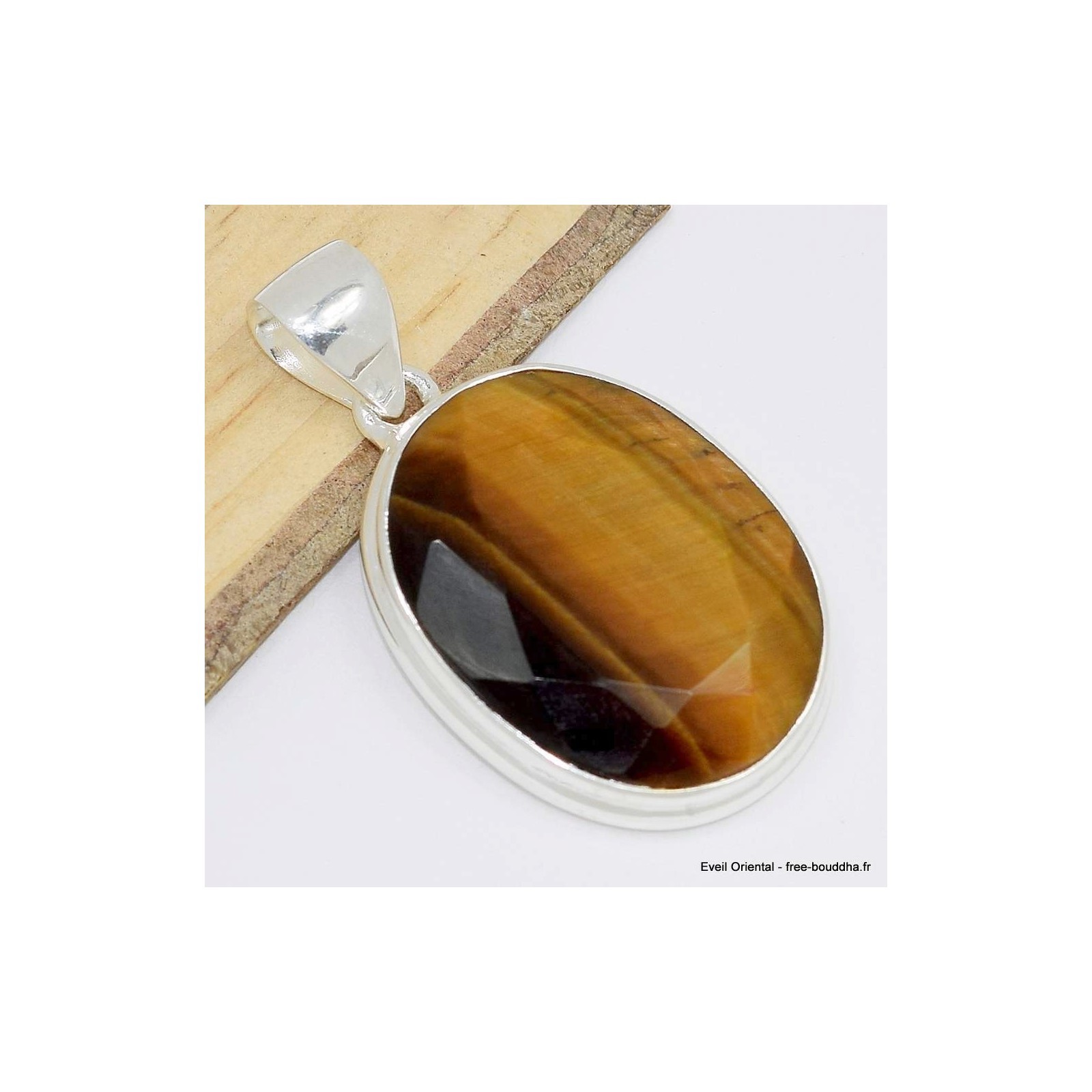 Pendentif Oeil de Tigre facetté ovale cwa93.1 en pierre naturelle brune