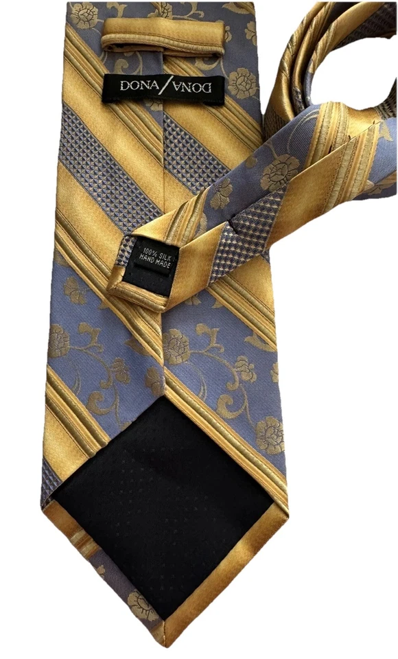 Галстук мужской Dona Dona 100% шелк ручной работы золотисто-синяя диагональная полоса повторяется 59 дюймов x 4 дюйма - Изображение 3 из 4