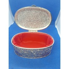 FTD Silver Tone Embossed Oval Trinket Box with Red Lining – 4" Excellent!