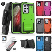 For Samsung Galaxy S21  Ultra FE 5G Rugged Case Cover Belt Clip /Tempered Glass