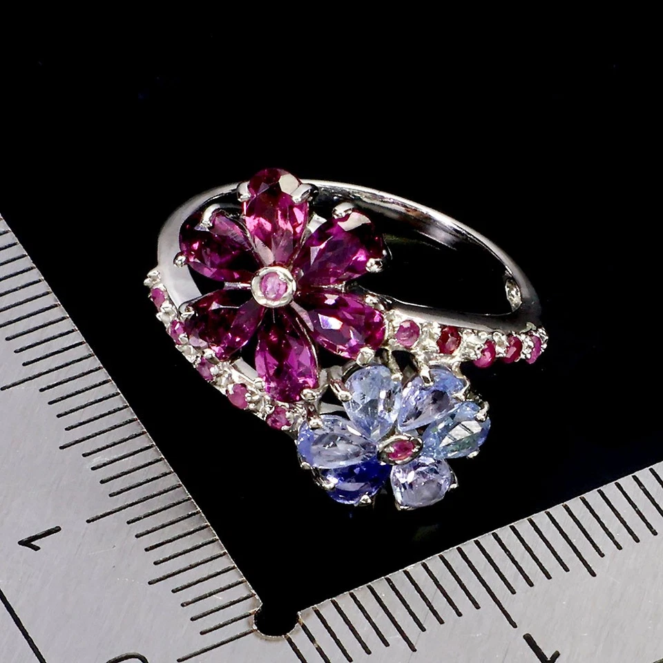 Anillo de plata de ley 925 pera rodolita rubí tanzanita piedras preciosas naturales talla 7 Foto 3 de 4
