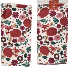 2 SAME PRINTED DUAL KITCHEN TOWELS(16x26")WILDFLOWER FOX TOSS & FALL LEAVES,Ritz