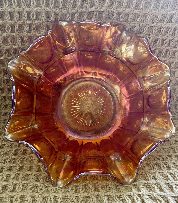 VTG Imperial Marigold Carnival Glass 9 1/4" Thumbprint Crimped Ruffled Rim Bowl