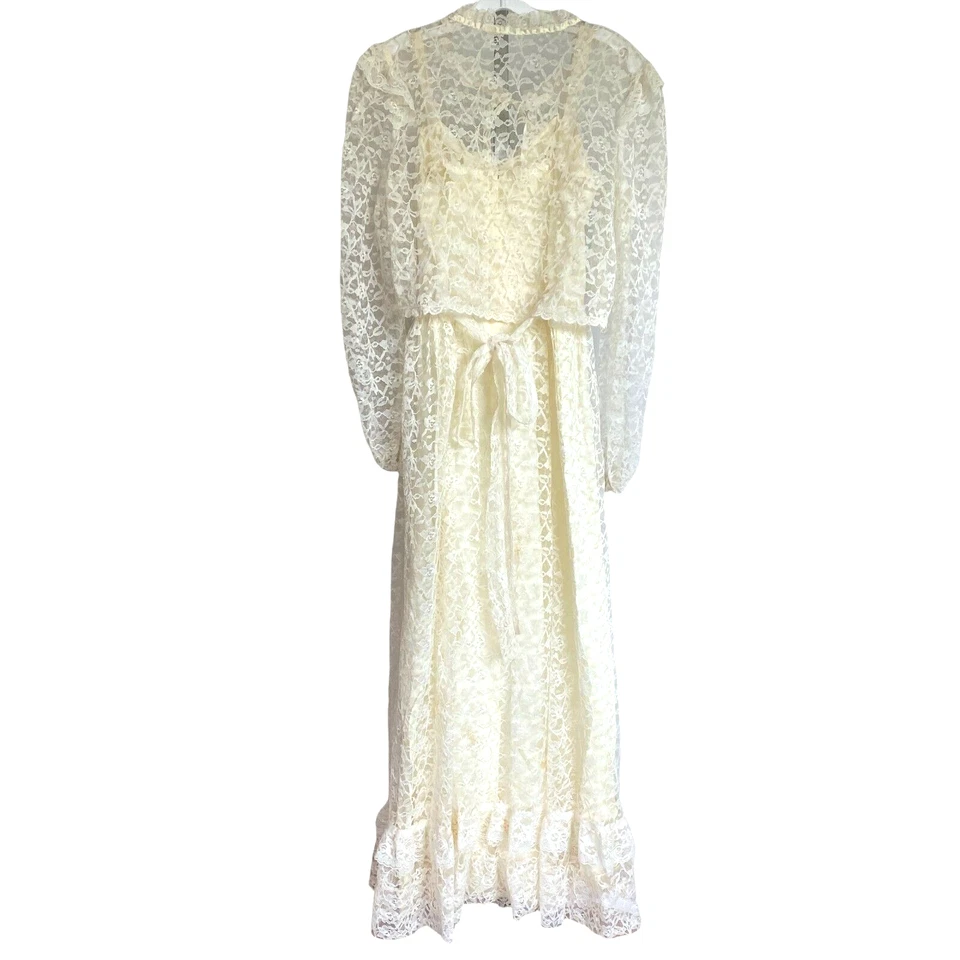 Conjunto de capa camisón vintage Pegnoir Negligee talla pequeña busto encaje crema Foto 3 de 4