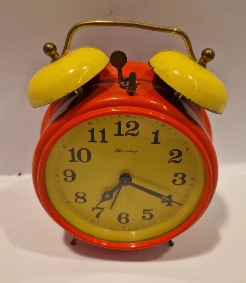 C2 VINTAGE SPACE AGE BLESSING WECKER UHR ALARM ORANGE GELB WEST-GERMANY - Bild 2 von 4