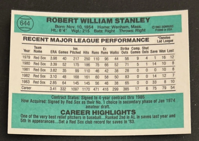 1984 Donruss Bob Stanley Baseball Card #644 Red Sox Pitcher EXMT O/C - Image 2 of 2