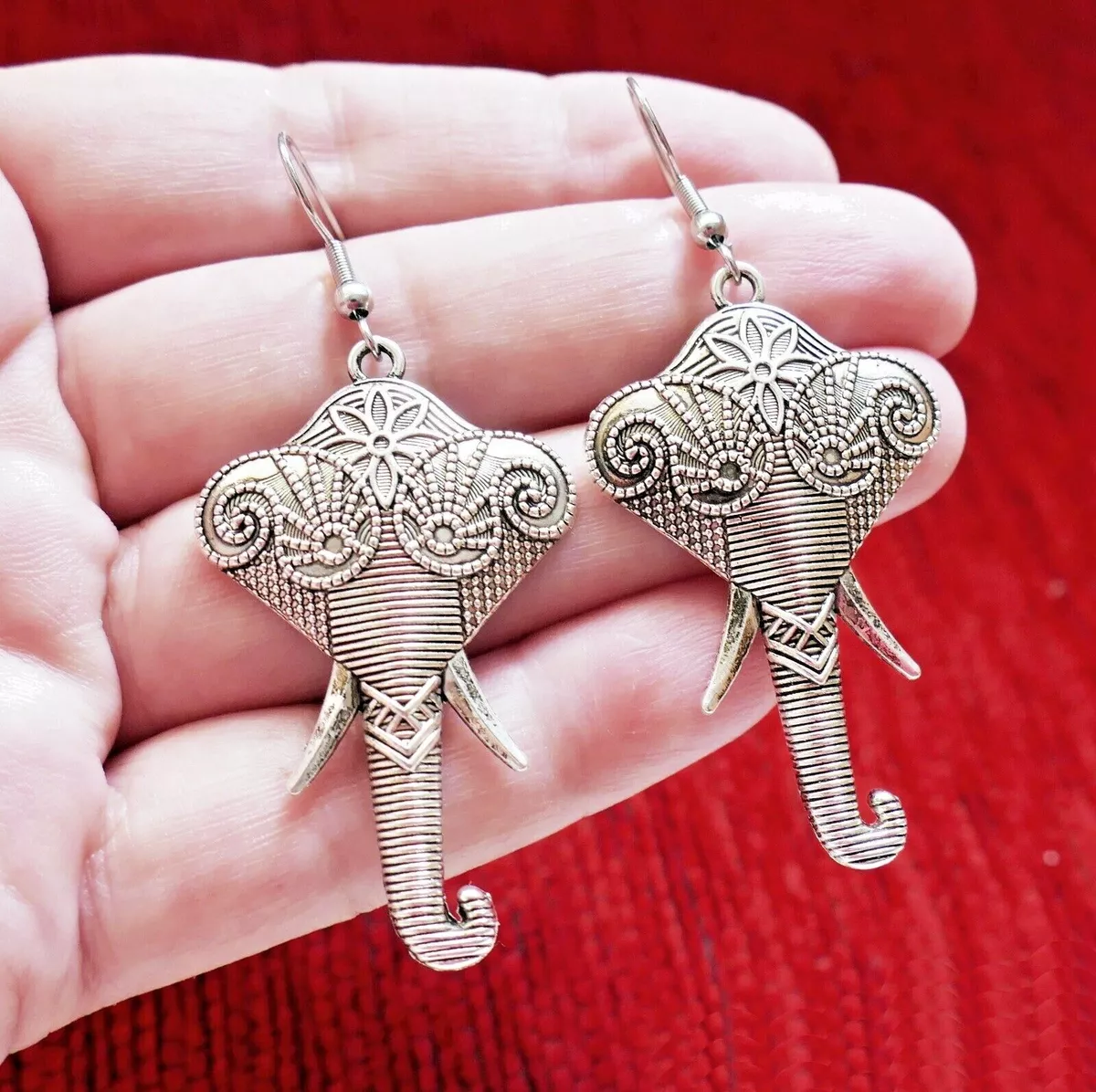 Elephant Head Large Charm Drop Hypoallergenic Hook Earrings with