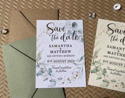 10 Luxus SAVE the DATE Eukalyptusblattkranz HOCHZEIT Einladungen Karten Grün - Bild 5 von 6