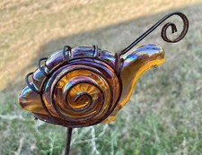 Carnival Glass 7” Amber Glass Snail w Copper Wire Vintage On 40” Garden Stake