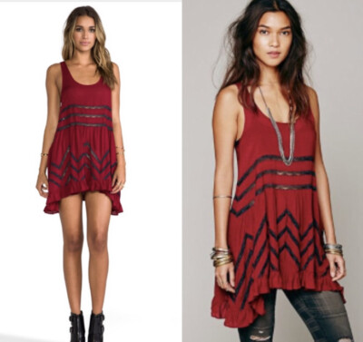 Intimately Free People Trapeze Slip Dress Red Voile Black Dot Lace Sz XS  Womens | eBay