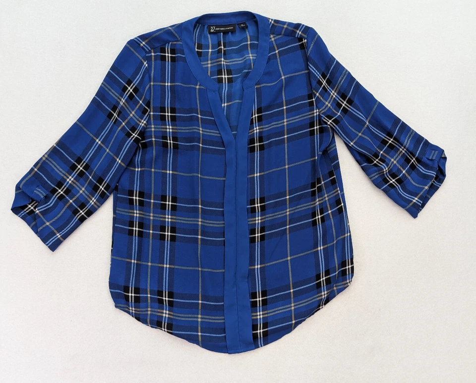 New York & Company Women's Top Size S Blue Plaid 3/4 Sleeve Blouse - Image 2 of 4