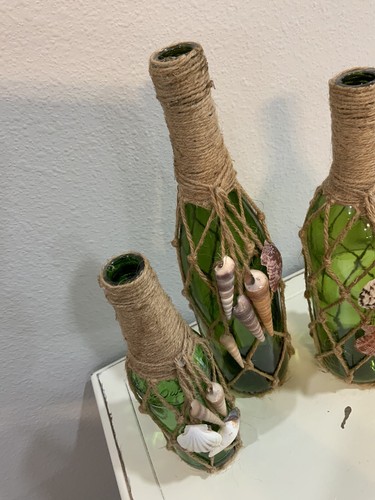 Handmade Nautical Knotted Jute Green Wine Bottle Decor Macrame W Shells Vase Lot - Picture 6 of 8