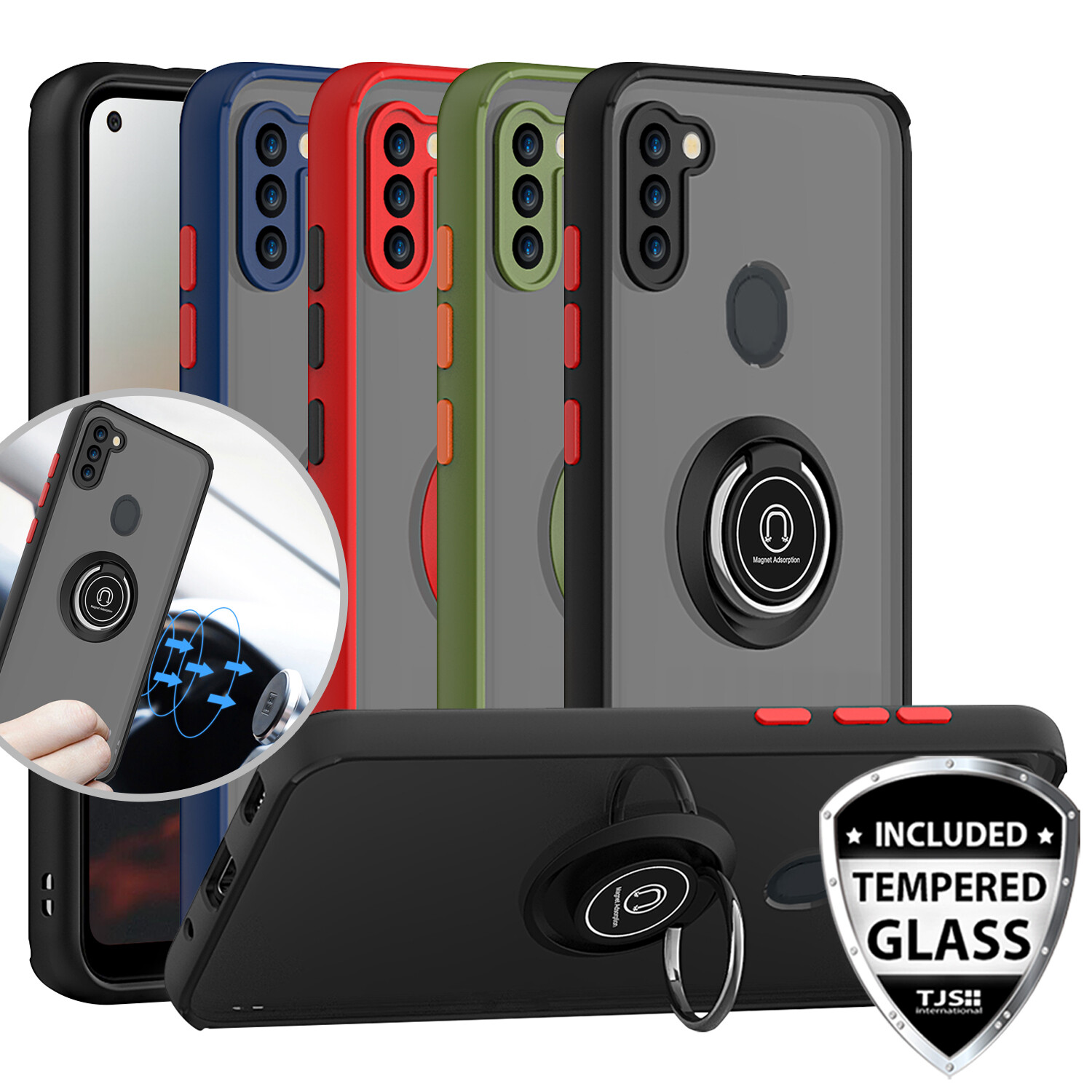 For Samsung Galaxy A11 Ring Case Magnetic Stand Clear Back Cover +Tempered Glass