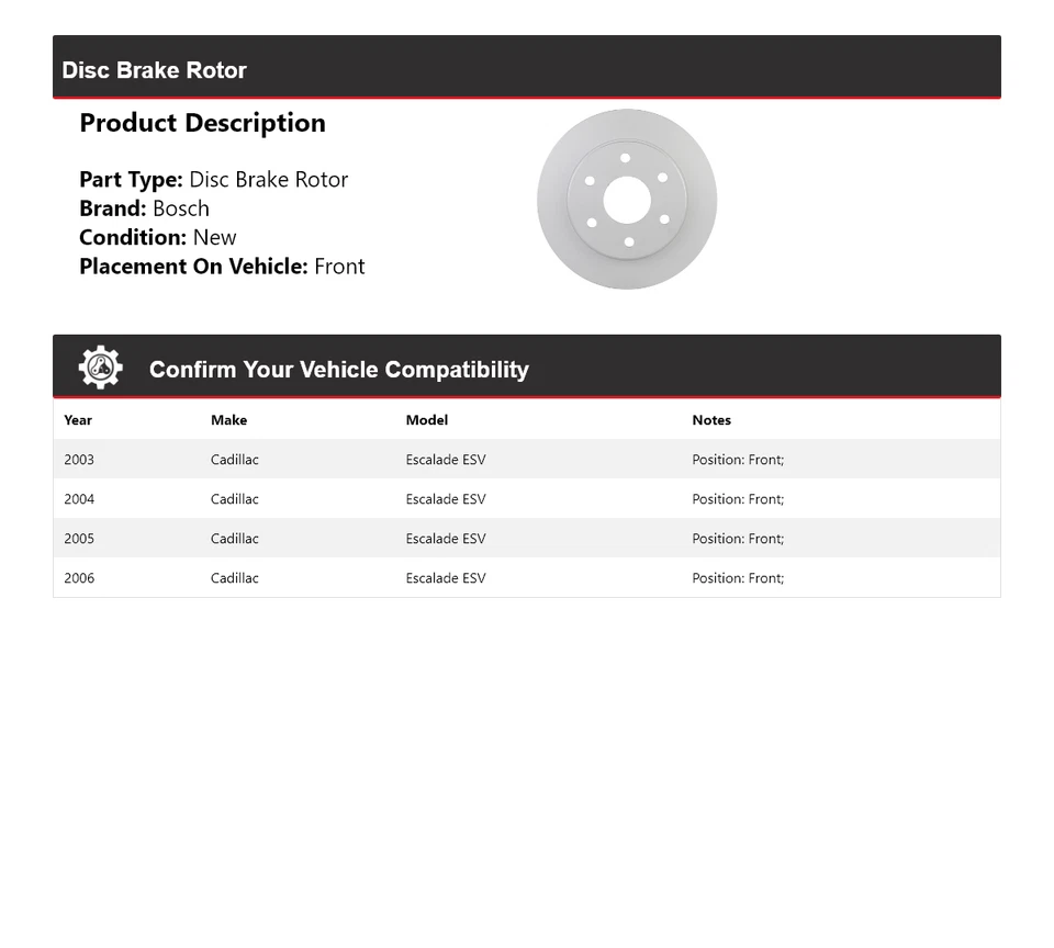 Para 2003-2006 Cadillac Escalade ESV Bosch QuietCast rotor de freio a disco dianteiro 2004 - Imagem 2 de 4