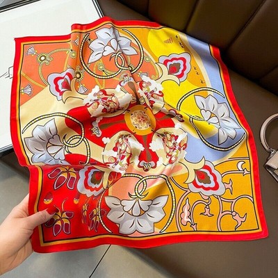 100% Mulberry Silk 21'' Small Scarf For Women Neckerchief Wrap Red Yellow Flower